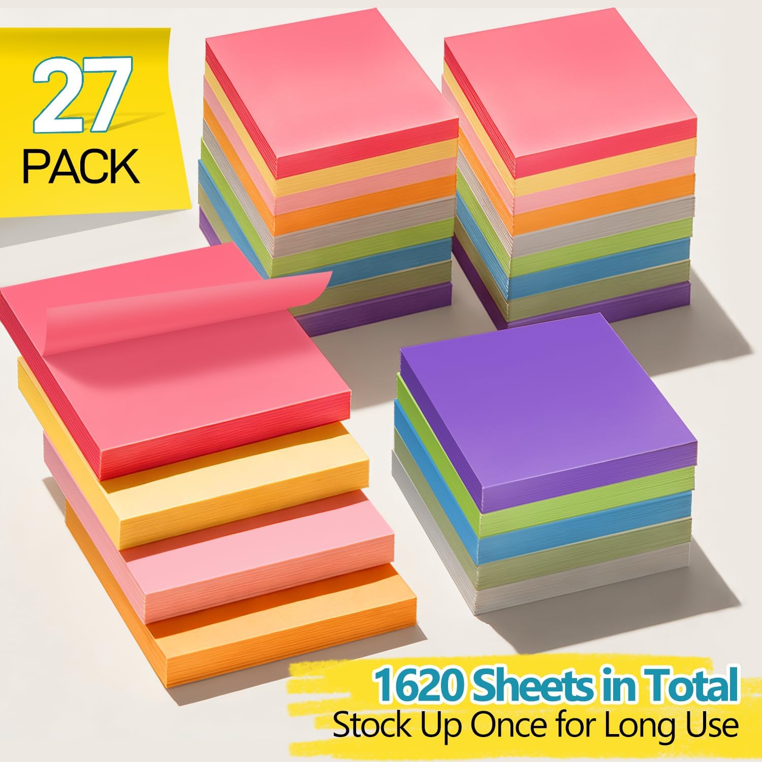 27 Pack of 3x3 Inch Sticky Notes Self-Stick Memo Pads - 1620 Sheets in Total! Great for Home, Office & School - Image 3