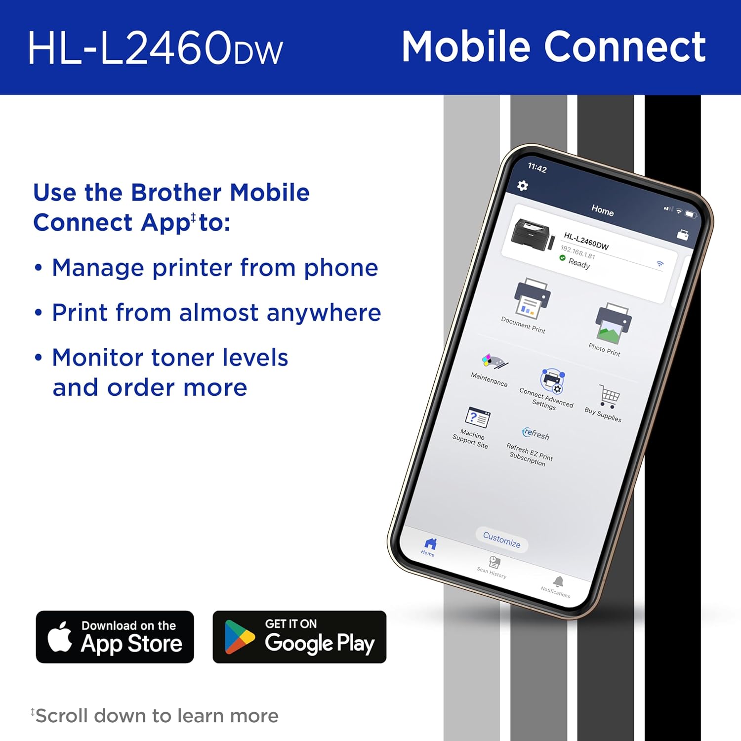Brother HL-L2460DW Wireless Compact Monochrome Laser Printer with Duplex, Mobile Printing, Black & White Output | Includes Refresh Subscription Trial(1), Works with Alexa - Image 5