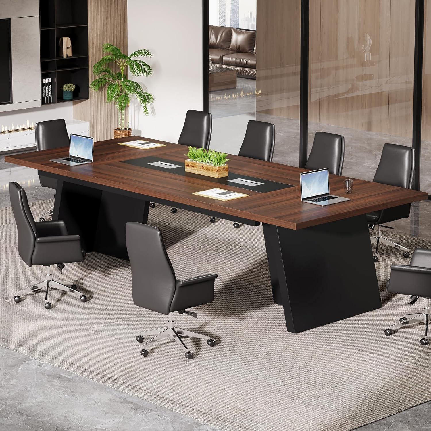 Tribesigns 8ft Conference Table, Modern Office Meeting Room Desk with Cable Management, Large Business Furniture for Boardroom, Conference Room (1, Walnut + Black) - Image 3