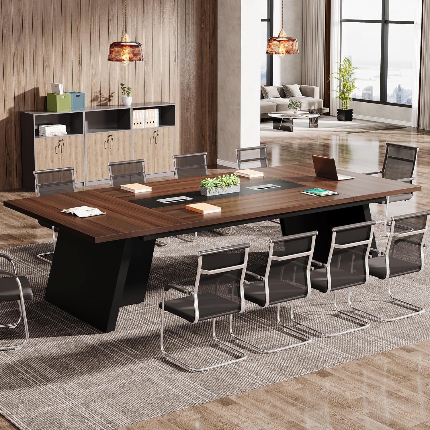 Tribesigns 8ft Conference Table, Modern Office Meeting Room Desk with Cable Management, Large Business Furniture for Boardroom, Conference Room (1, Walnut + Black) - Image 4