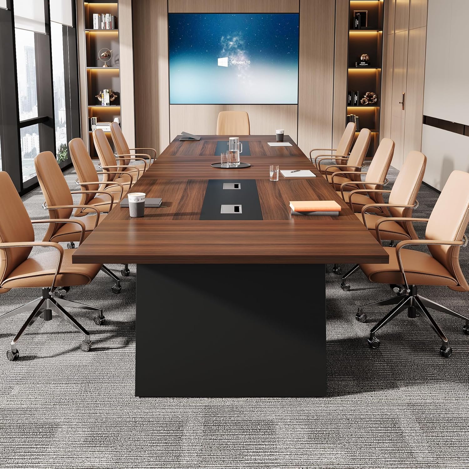 Tribesigns 8ft Conference Table, Modern Office Meeting Room Desk with Cable Management, Large Business Furniture for Boardroom, Conference Room (1, Walnut + Black) - Image 5