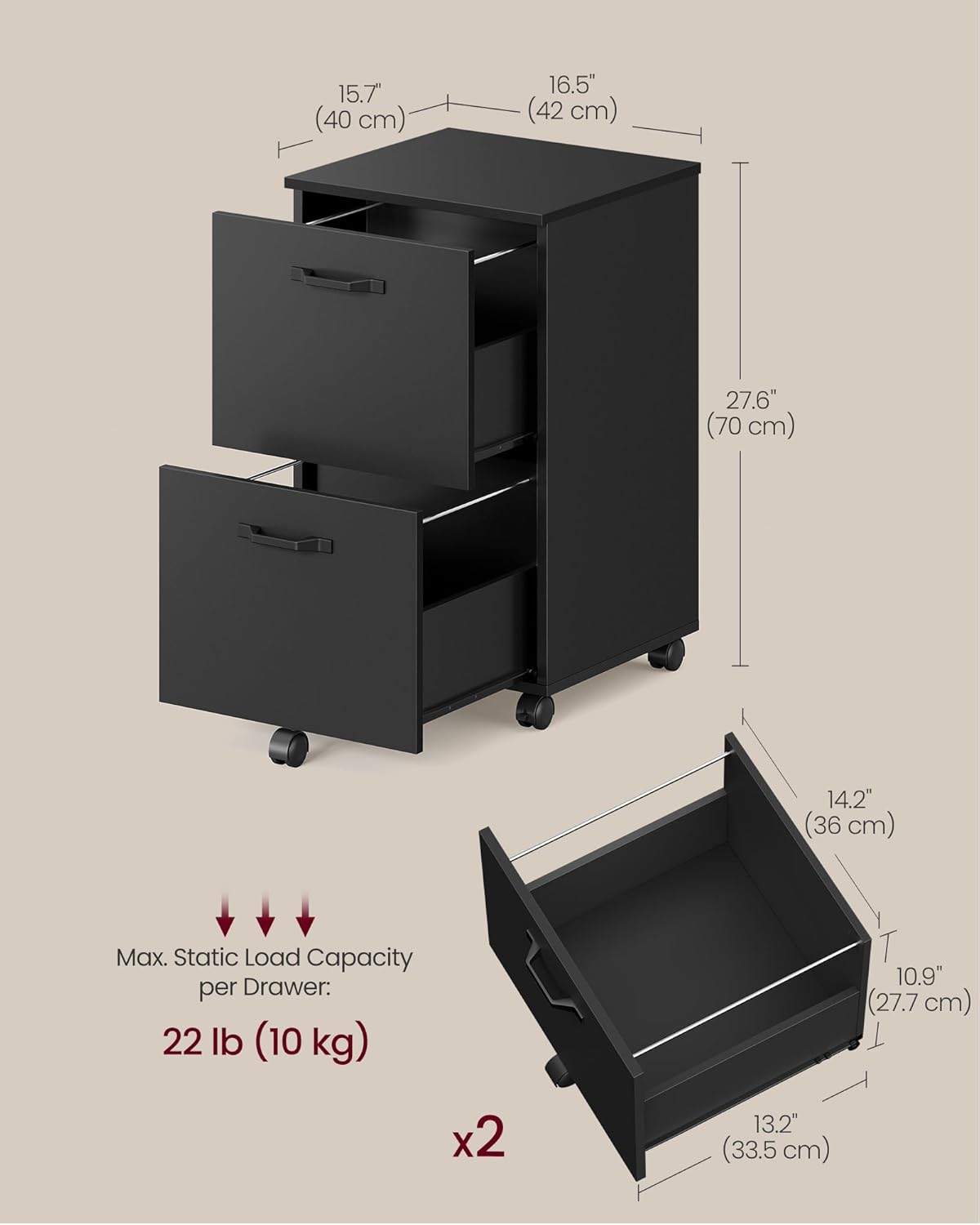 VASAGLE 2-Drawer File Cabinet, Small Rolling Filing Cabinet for Home Office, Printer Stand, for A4, Letter-Size Documents, 15.7 x 16.5 x 27.6 Inches, Ink Black UOFC040B16 - Image 3
