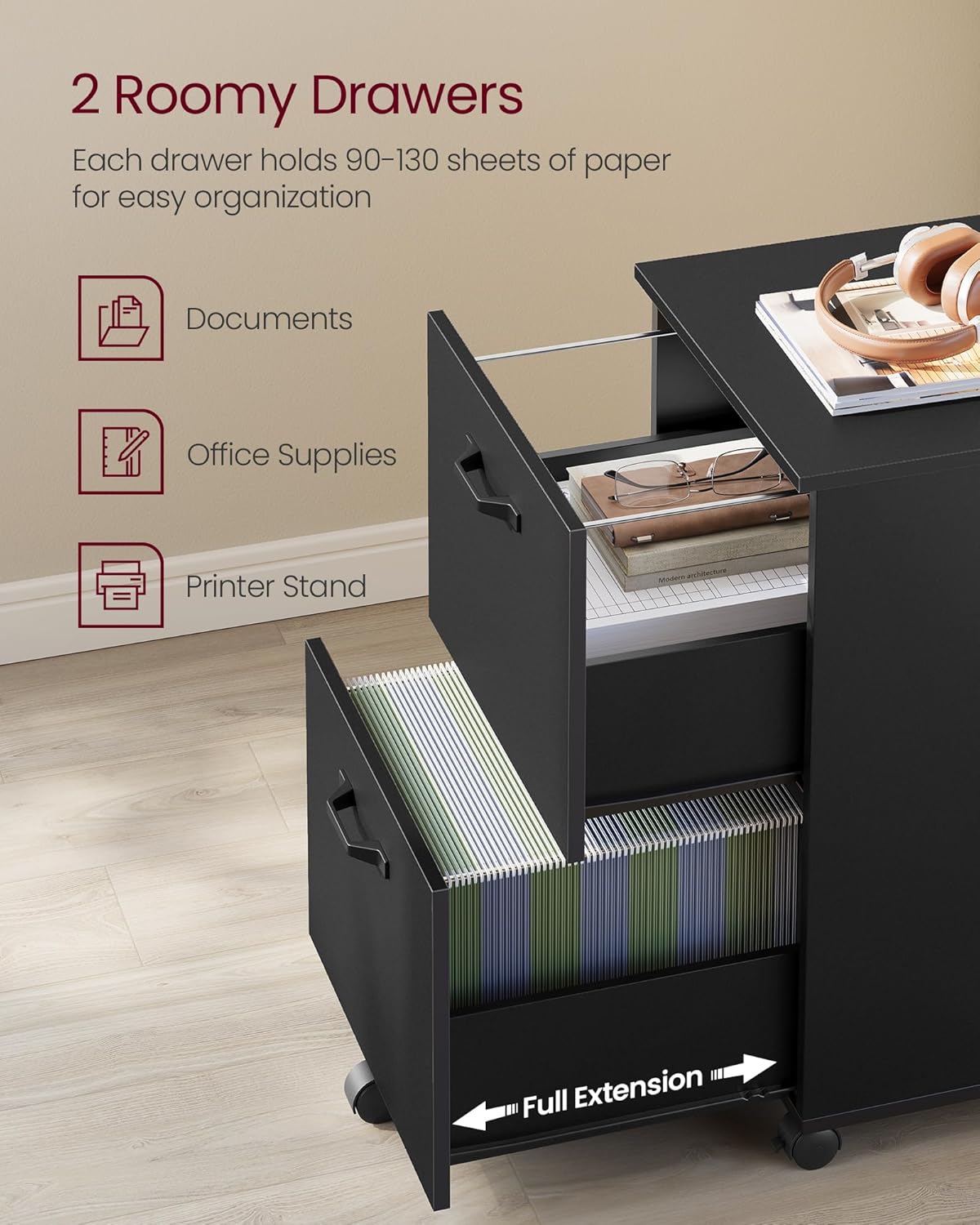 VASAGLE 2-Drawer File Cabinet, Small Rolling Filing Cabinet for Home Office, Printer Stand, for A4, Letter-Size Documents, 15.7 x 16.5 x 27.6 Inches, Ink Black UOFC040B16 - Image 4